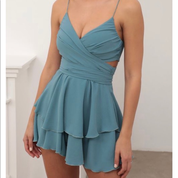 Lucy in the sky - “Shelby Ruffle Baby Doll Romper in Teal” dress - Picture 2 of 6